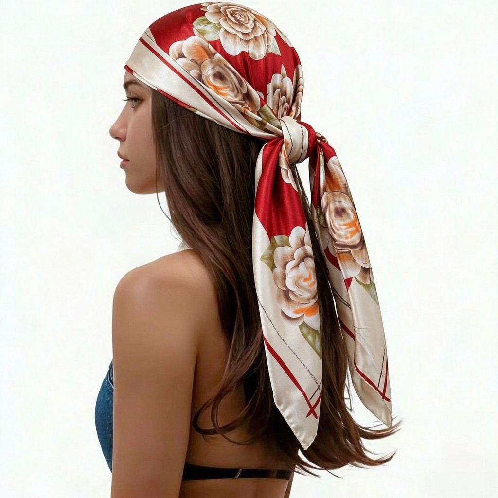คลาสสิก 90 ซม.ซาตินผ้าพันคอผ้าไหมผู้หญิง Square Headscarf สีชมพู Teal Stripe Design Elegant Hair Bandana