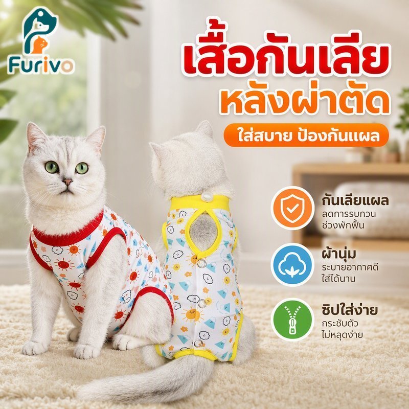 Cat Recovery Suit Post Surgery Anti Lick Cotton Breathable Zipper Secure Fit SML