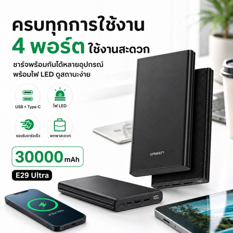 Power Bank 30000mAh 45W PD Fast Charge แบตสำรองชาร์จเร็ว รองรับ 4 อุปกรณ์ ใช้งานสะดวก ของแท้ Eloop