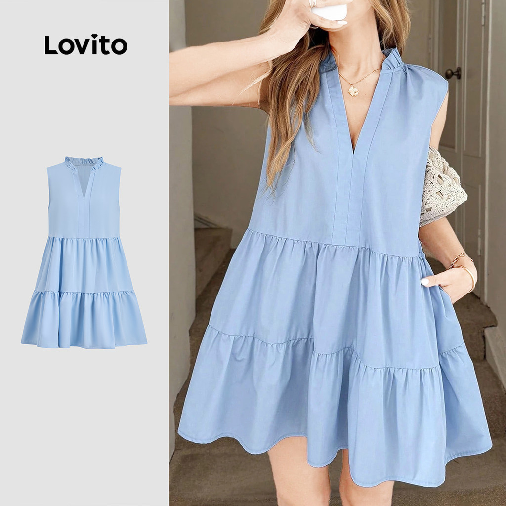 Lovito แคชชวล เดรสลําลองจับจีบหลายชั้นสําหรับฤดูใบไม้ผลิ/ฤดูร้อน สีฟ้า สําหรับผู้หญิง LK3ED603