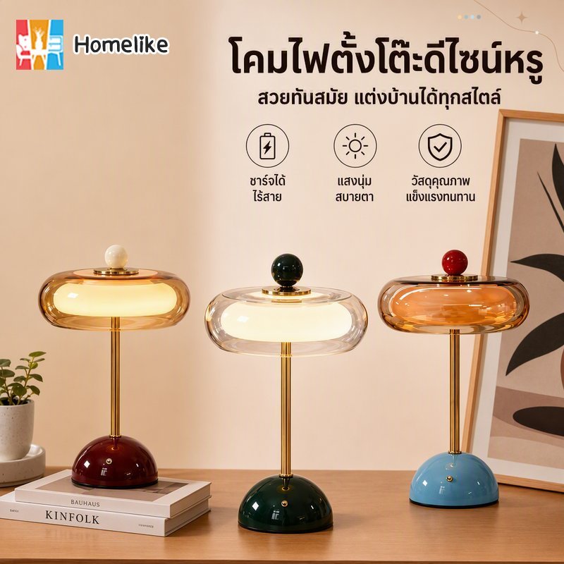 โคมไฟตั้งโต๊ะ โคมไฟข้างเตียง แก้ว ฝรั่งเศส วินเทจ สัมผัส ปรับแสง 3 โทน ชาร์จไร้สาย