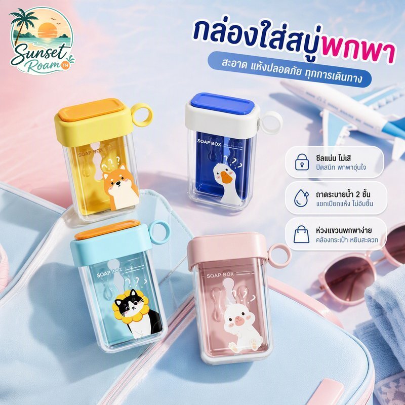 กล่องสบู่แบบพกพา กล่องสบู่เดินทาง กล่องสบู่พลาสติกมีฝาปิดระบายน้ำสองชั้น ลายการ์ตูน