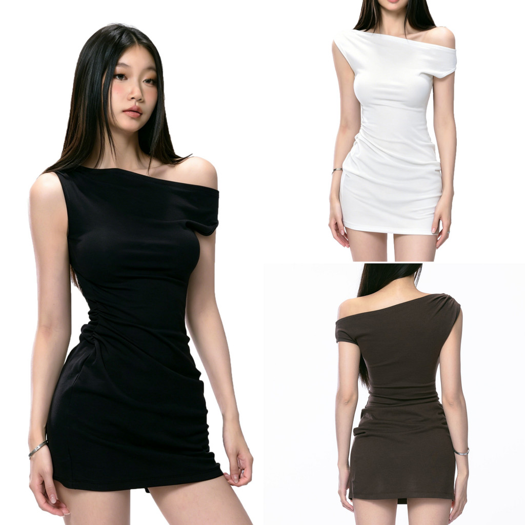 Bella Shop เดรสสตรี เดรสสั้นไหล่ลาด รัดรูป เซ็กซี่ สไตล์เกาหลี