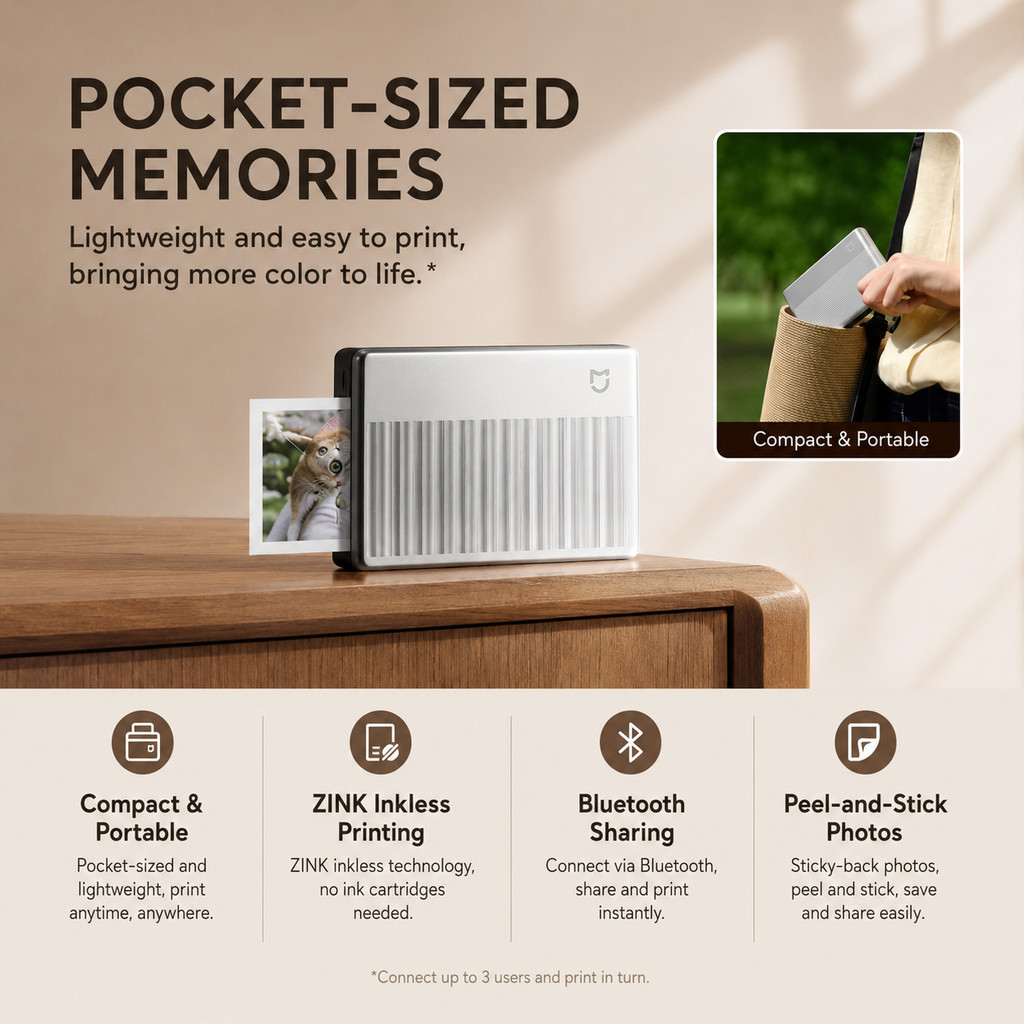Xiaomi Pocket Photo Printer 1S Mini Portable Inkless Photo Printer คู่มือการพิมพ์ภาพถ่ายการเดินทาง อ