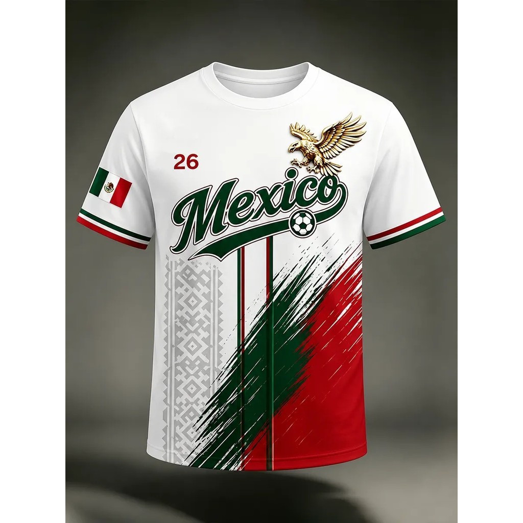 เม็กซิโกสีดําพิมพ์เสื้อยืดฟุตบอลฟุตบอล Aztec Pyramid Sun Calendar Eagle Cactus Agave Unisex