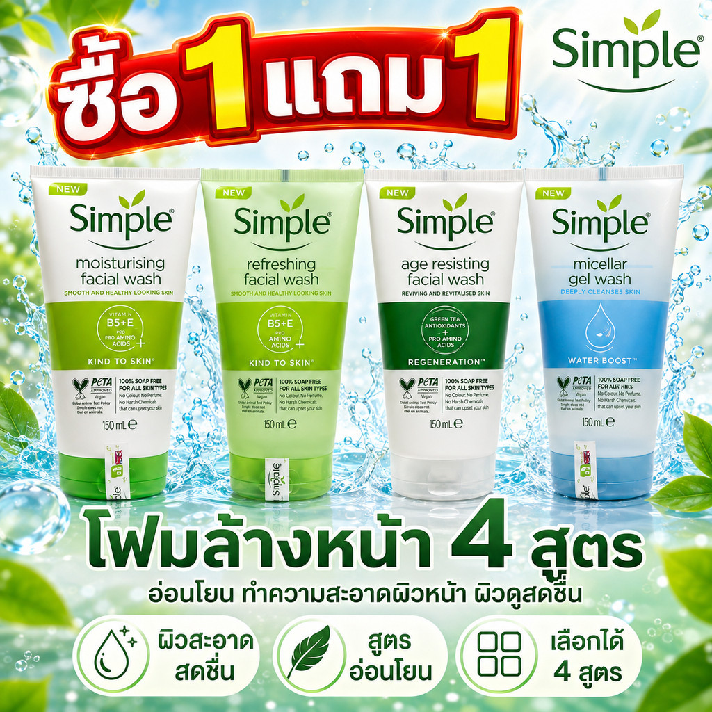 Simple Facial Cleanser 150ml ซื้อ 1 แถม1 ส่งจากไทย เจลล้างหน้าใช้ประจำวัน ทำความสะอาดพร้อมบำรุง ชุ่มชื้น