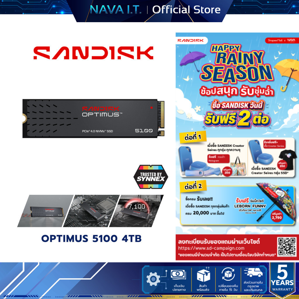 SANDISK SSD (เอสเอสดี) OPTIMUS 5100 4TB PCIe 4.0 x4 (SDSP51400TAN-000E0) W. 5 Y.