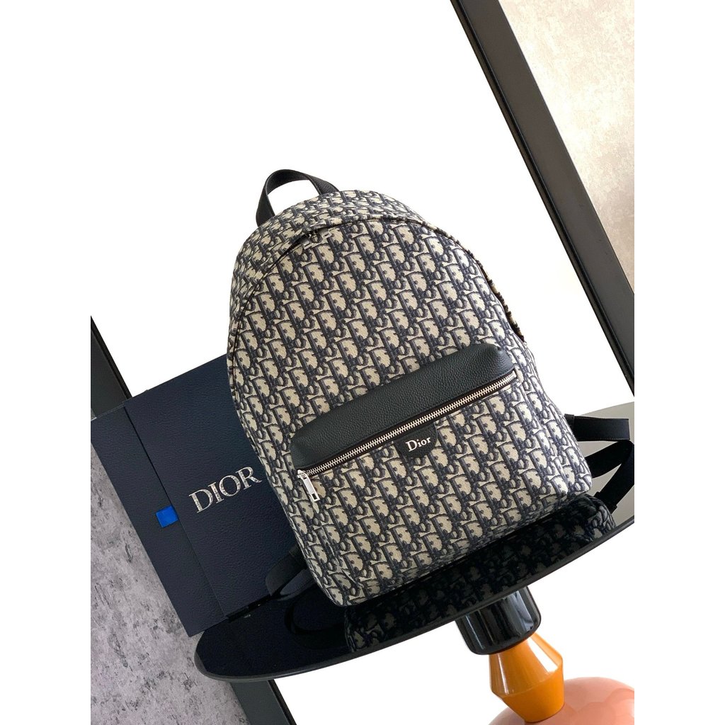 Dior Rider Zipper Backpack Oblique Print Cowhide Backpack กระเป๋าเป้ผ้าใบ กระเป๋าเป้ผู้ชาย กระเป๋าเป