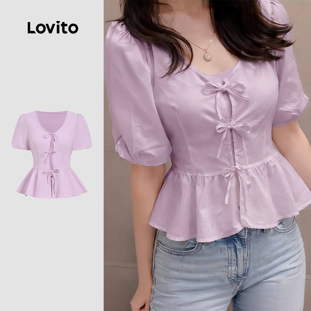 Lovito เสื้อเบลาส์สีม่วง สไตล์ลําลอง ผูกโบว์ชายระบาย เหมาะสําหรับฤดูใบไม้ผลิ/ฤดูร้อน BLB198P1D052