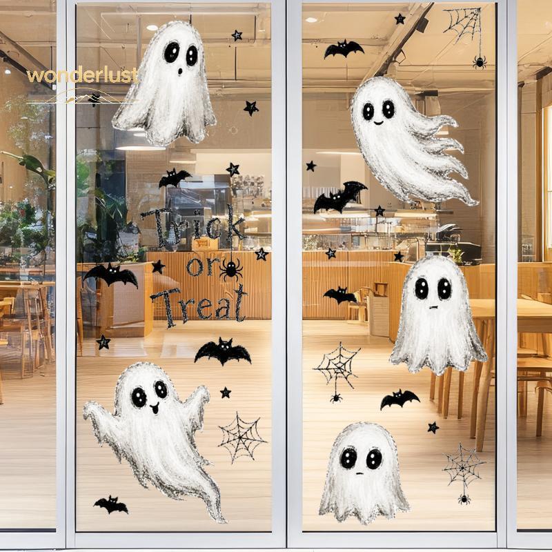 [Easy-t] Halloween Window Clings Dual Side Same Color Ghost Bat Spider No Glue Decals for Coffee Sho