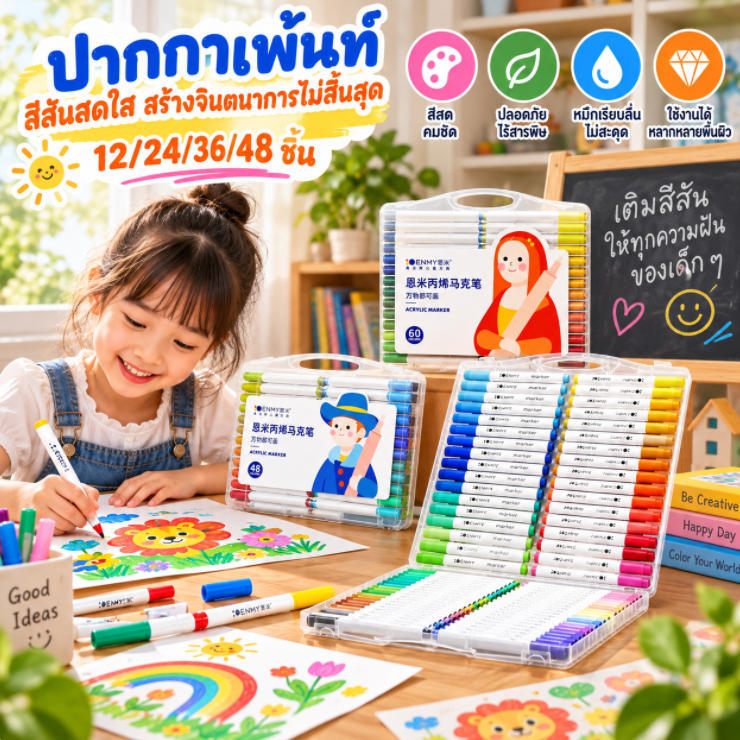 ปากกามาร์คเกอร์อะคริลิคชุด 12/24/36/48/60 สี ปลอดภัยไร้สารพิษ สีสด ไม่ซีดจาง เหมาะเป็นของขวัญวันเกิดเด็ก อุปกรณ์วาดรูป