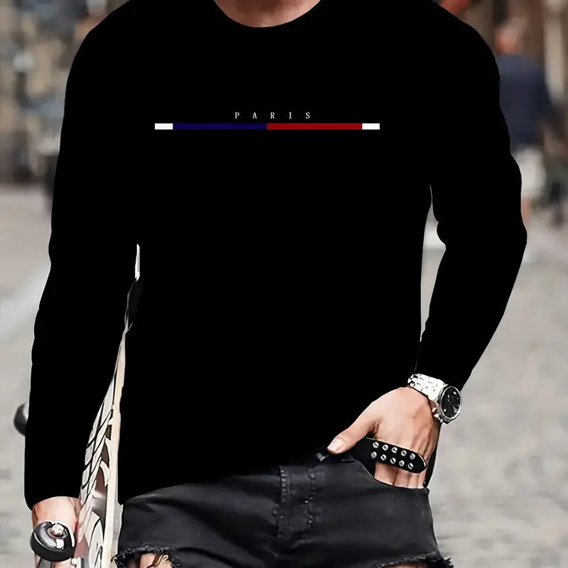 เสื้อลายตัวอักษรแขนยาวสำหรับผู้ชาย ทรงหลวม สไตล์กีฬาและลำลอง