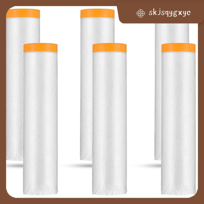 skjsqygxyc6 Rolls Painters Plastic with Tape, Pre-Taped Masking Film, Automotive Best Tape and Curta
