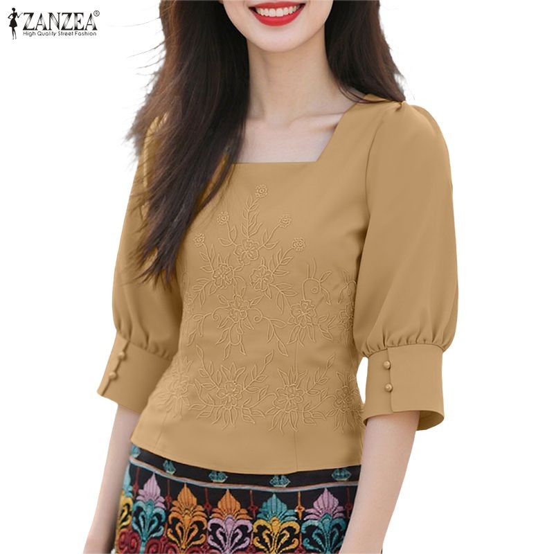 เสื้อเชิ๊ตสไตล์เกาหลีหรูหรา คอสแควร์ แขน3/4 พิมพ์ลาย ทรงกระชับเอว
