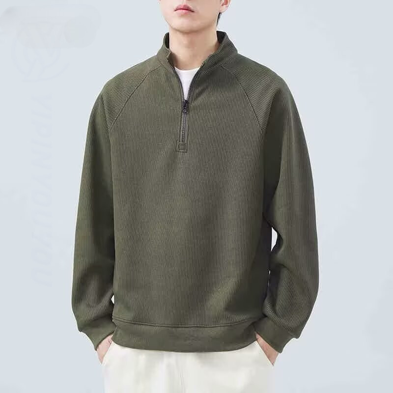 HANLU ใหม่ Texture Stand Collar Half Zip เสื้อกันหนาวผู้ชาย ลายสวยงาม ใส่ง่ายทุกโอกาส