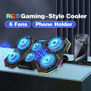 พัดลมรองโน๊ตบุ๊ค Gaming Cooler Pad พัดลมระบายความร้อนโน๊ตบุ๊ค 6 ใบพัด ระบายความร้อนโน๊ตบุ๊ค With Phone Expansion Holder