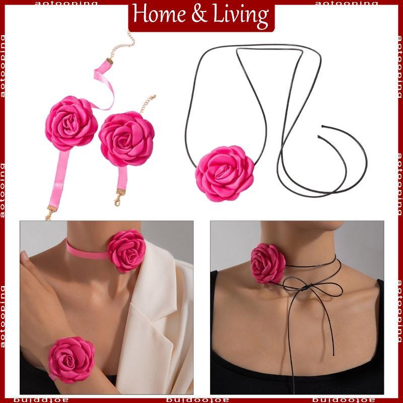 AOTO สร้อยคอกลมและสร้อยข้อมือ พร้อมดอกไม้หรูหรา เครื่องประดับ.Endu