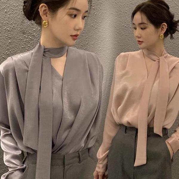 mimi&didi##เสื้อเชิ้ตผ้าซาติน เสื้อตัวบนไซส์ใหญ่ ดีไซน์โบว์ริบบิ้นคอเสื้อ คุณภาพระดับไฮเอนด์ สำหรับผู้หญิง#99238