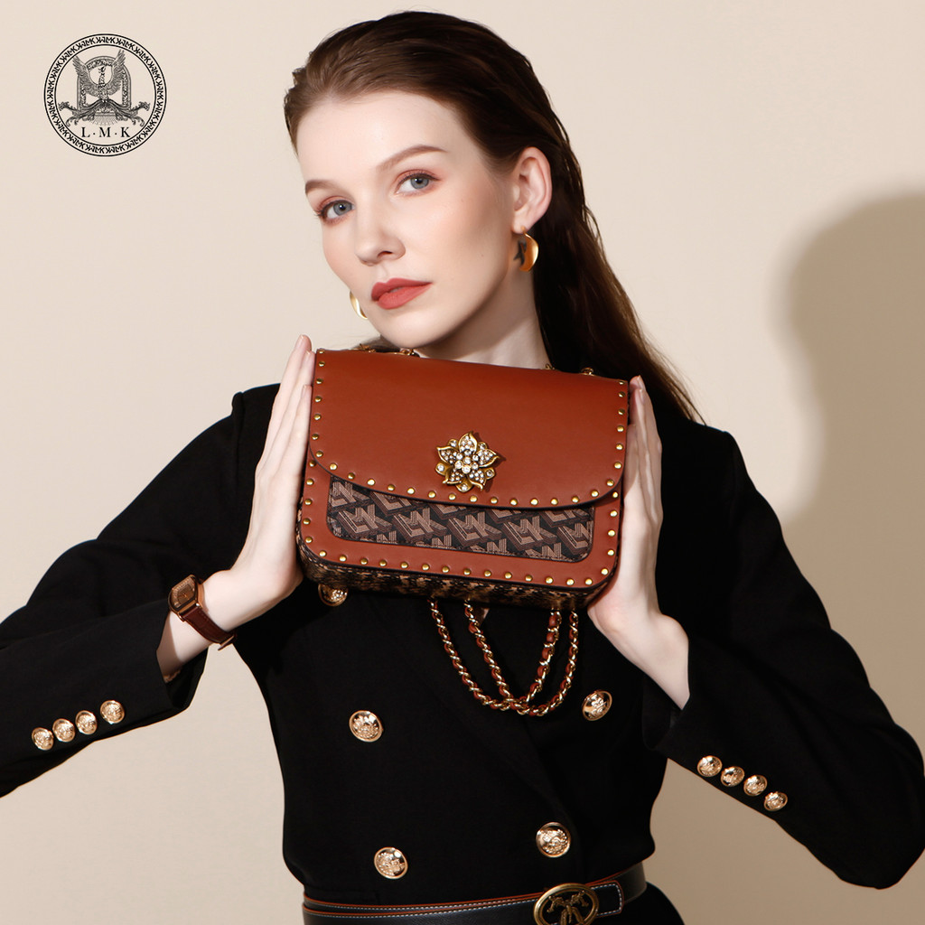 ฝรั่งเศส LMK ของแท้หนังกระเป๋าหญิง 2023 ใหม่แฟชั่น Camellia Chain กระเป๋าสี่เหลี่ยมเล็ก High-End กระ