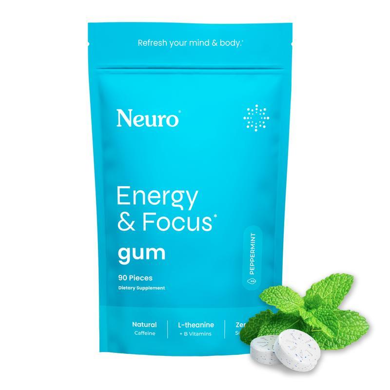 Neuro Energy Caffeine Gum รสเปปเปอร์มินท์ (90 ชิ้น) - ปราศจากน้ําตาลพร้อม L-theanine, Caffeine, Vita