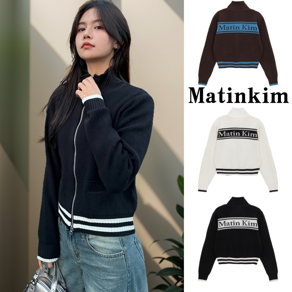เกาหลี Matinkim ฤดูใบไม้ร่วงฤดูหนาว Preppy สไตล์เสื้อกันหนาวสี-Blocking กลับโลโก้ Stand-Up Collar ซิปถักแจ็คเก็ตสั้น