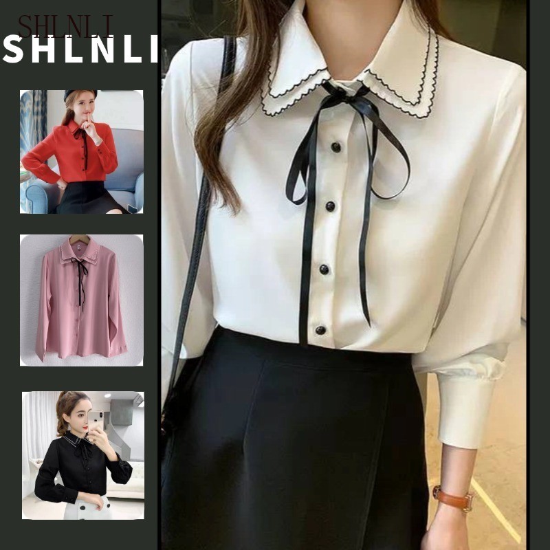 เสื้อแขนยาวสไตล์เกาหลีสำหรับผู้หญิง ทำจากชีฟอง มีโบว์และกระดุมแถวเดียว เหมาะสำหรับฤดูใบไม้ผลิและฤดูใบไม้ร่วง