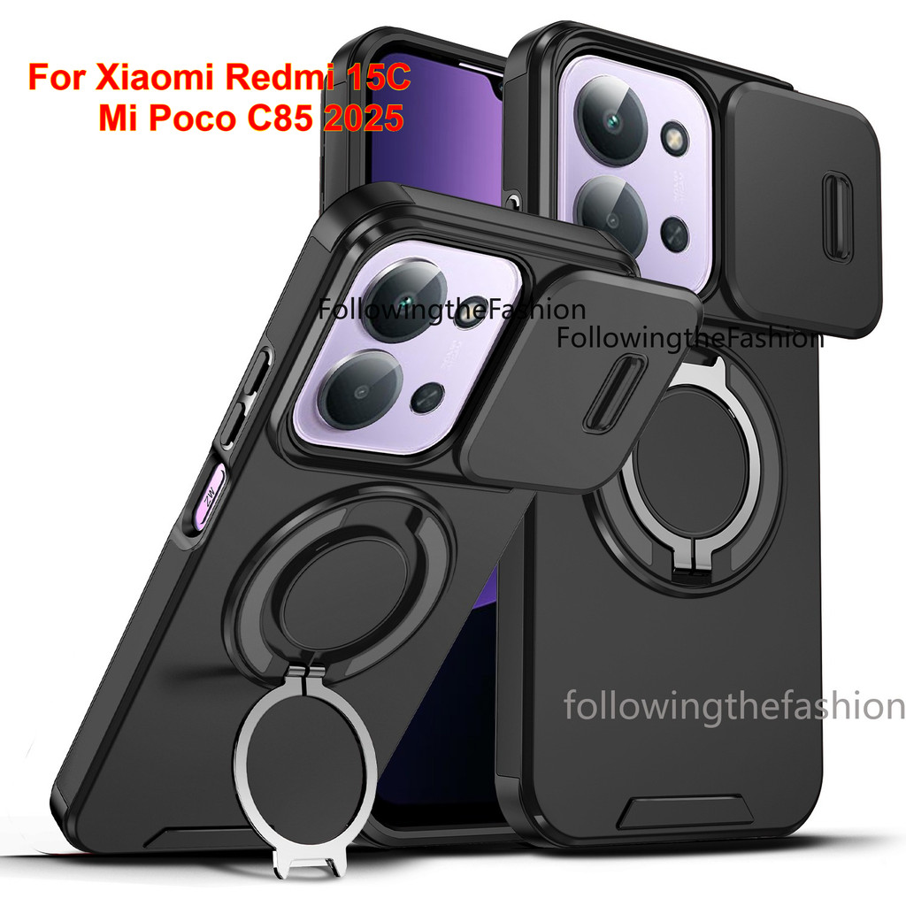 ปลอกสําหรับ Xiaomi Redmi 15C 2025 Redmi 15c 4G Mi Poco C85 2025 เคสโทรศัพท์กันกระแทกโลหะเกราะแหวนวงเล็บ Stent กลับ Push เลนส์กล้องความเป็นส่วนตัวปกป้องผู้ถือกลับปลอกฝาครอบ