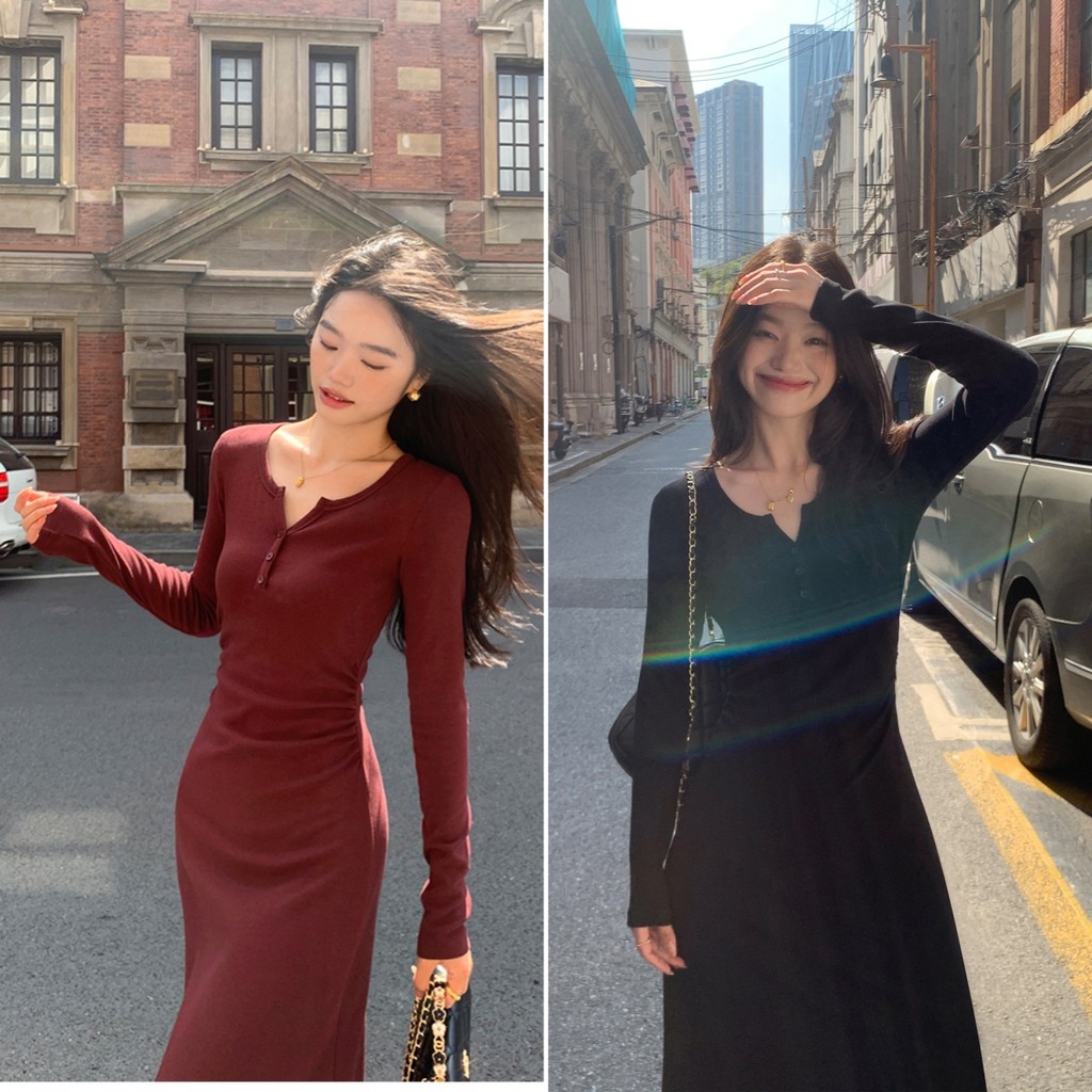 Bella ชุดเดรสสวยหรูดูแพง เดรสยาว คอกลม แขนยาว กระดุมหน้าอก ผ้ายืดหยุ่น ทรงเข้ารูปสวย เดรสออกงาน ชุดไปเที่ยว