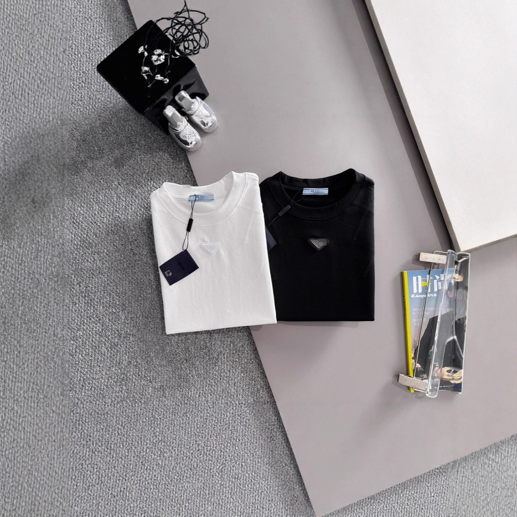 5QV9 PRA** 2025New Woven Patchwork Half-Sleeve Base Shirt Sweatshirt Triangle logo Men and Women