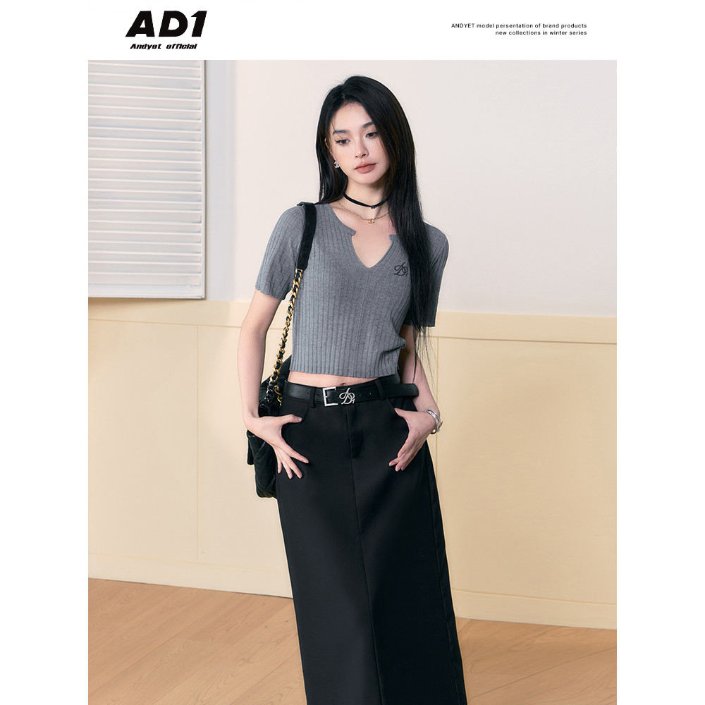 ANDYET AD1 23/SS เสื้อคอมมิวเตอร์แขนสั้น ทรง.slim-fit ลายปักที่คอ