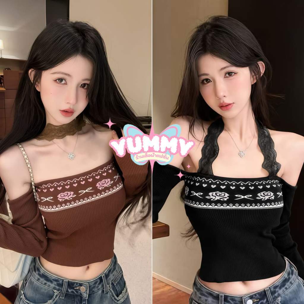 🎀Yummy Shop🎀㈩ เสื้อไหมพรมเปิดไหล่มินิมอล แขนยาว สไตล์โบฮีเมี่ยน สีพื้นยืดพอดีตัว สไตล์อเมริกัน' 3112