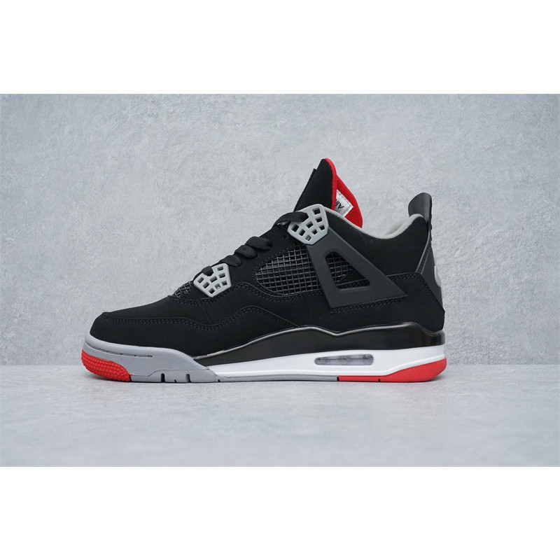 Plus size UK12 พร้อมส่ง Jordan 4 AJ4 Retro Bred (GS) รองเท้าบาสเก็ตบอลสีดําสีแดงรองเท้าผู้ชาย