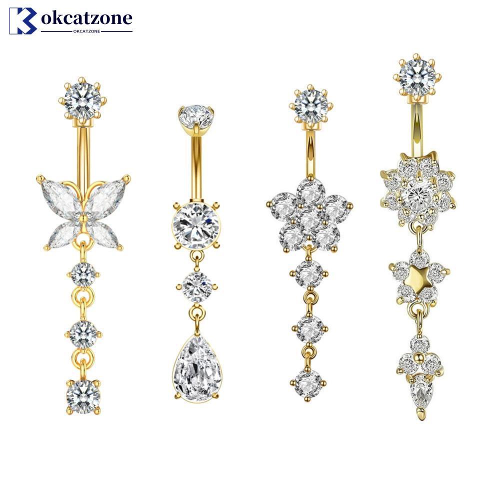 OKCATZONE Gold Tone สแตนเลสสตีล Belly ปุ่มแหวนดอกไม้ CZ คริสตัล Dangle สะดือแหวน Barbell เจาะเครื่อง