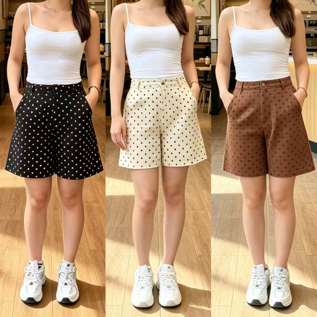 GHAOHES  กางเกงขาสั้นยีนส์เอวสูง ทรงเอ ปอลก้า 3 สี สไตล์วินเทจ #2063