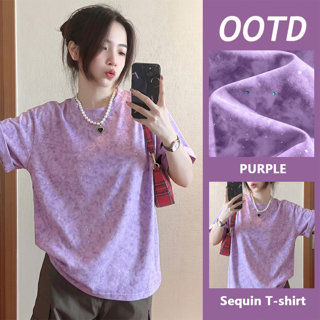 🌷ChillTee🌷ดาวเต็มท้องฟ้า เสื้อ สีม่วง ไม่มีลายมินิมอล ไม่ต้องรีด โคตรนุ่ม oversize เสื้อยืดผู้หญิง 3xl【COD】