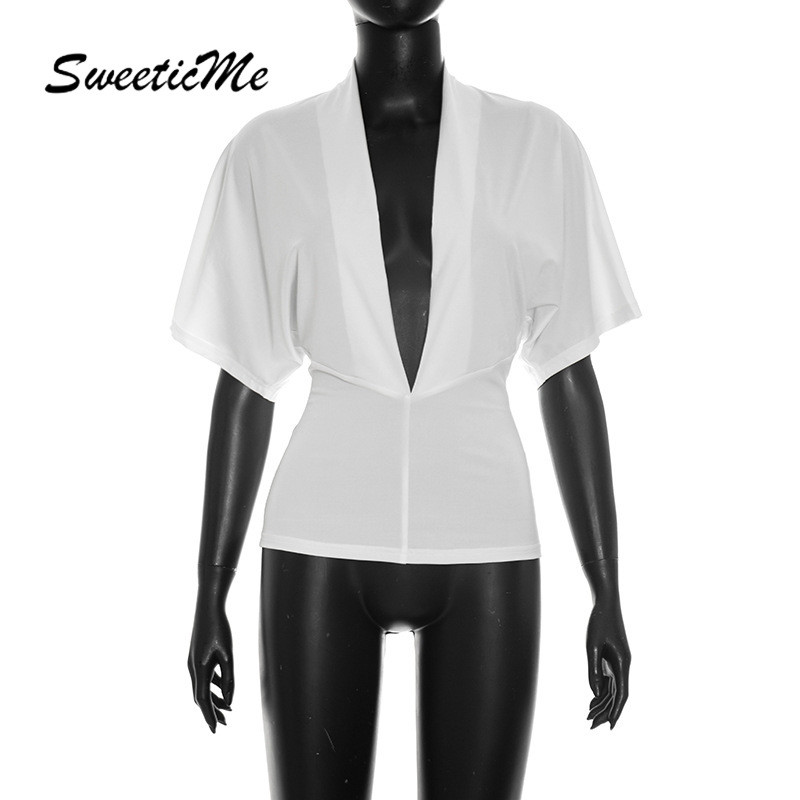 SweeticMe เสื้อสตรี 2026 แฟชั่นใหม่เซ็กซี่ลําลองสีทึบเสื้อยืดแขนสั้นคอวีลึก — صورة 7
