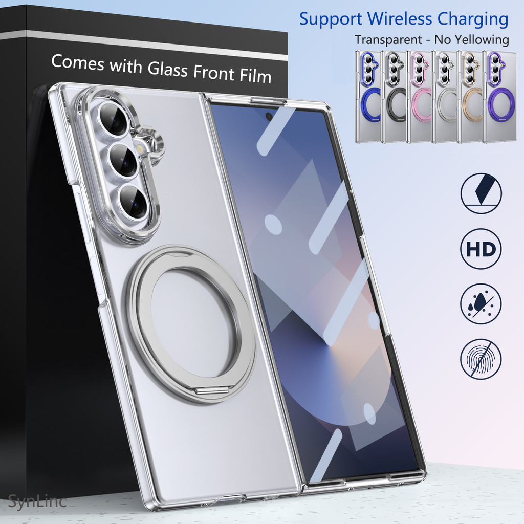 Anti-Yellowing Hard PC Clear Case สําหรับ Samsung Galaxy Z Fold8 Ultra Fold 7 6 5 4 3 8 Magnetic Wireless Charging Case Integrated หมุนขาตั้งพร้อมกระจกฟิล์มด้านหน้า