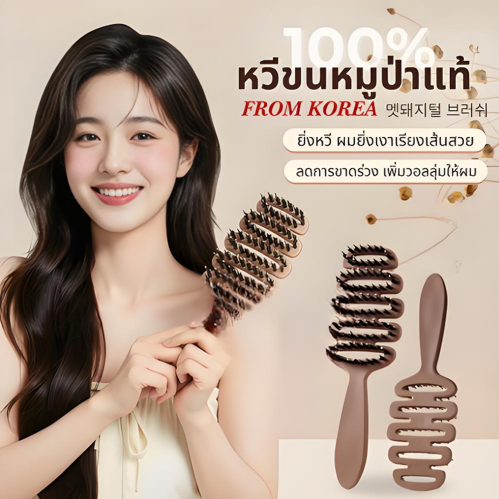 หวีขนหมูป่าแท้ จากเกาหลี หวีลดผมร่วง แก้ผมพันกัน ลดไฟฟ้าสถิตย์ หวียกโคนผม แปรงหวีผม Boar Bristle Hairbrush หวีพับ หวีผม