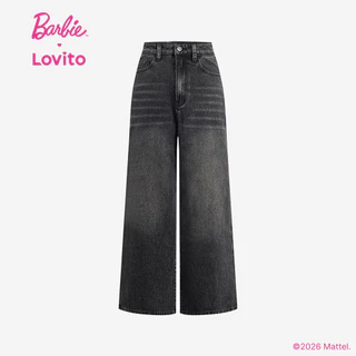 (New Arrival) Barbie™ X Lovito กางเกงยีนส์สีดำผู้หญิง ฤดูใบไม้ผลิ/ร้อน เอวกลาง ขาตรง ปักลาย กระดุมและกระเป๋า เกาหลี อินเทรนด์ LBL5AD054