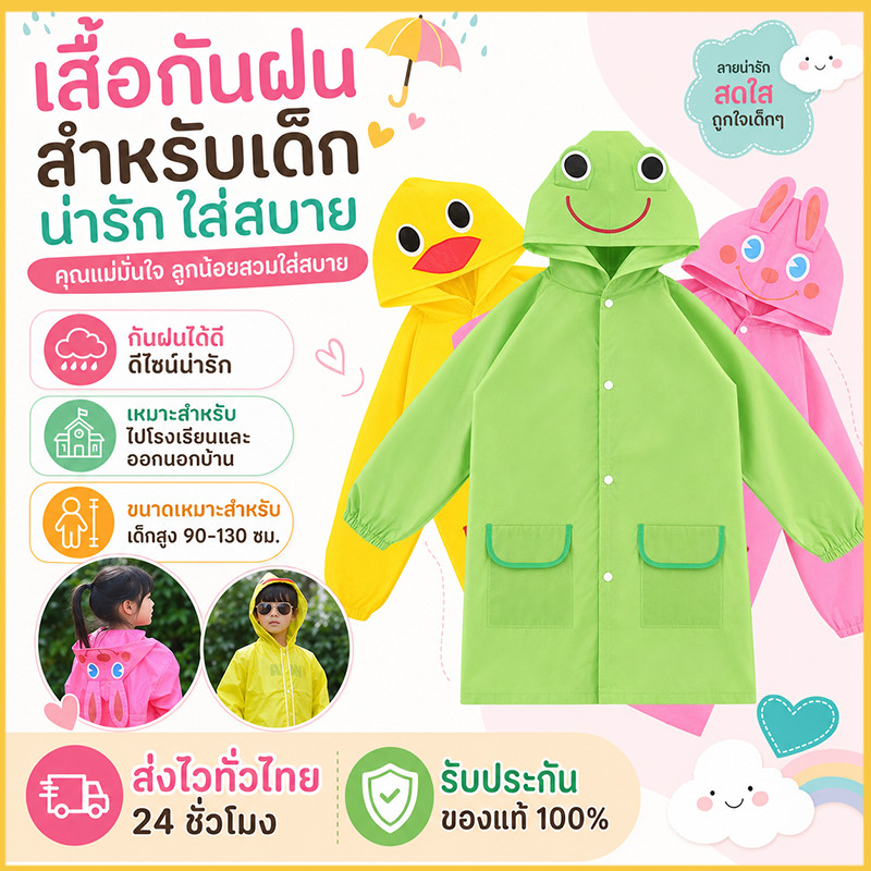 HOT พร้อมส่ง เสื้อกันฝนเด็ก ชุดกันฝนเด็ก พร้อมส่ง เนื้อผ้าหนา ราคาถูกสุด 2-9ขวบ 80-130cm