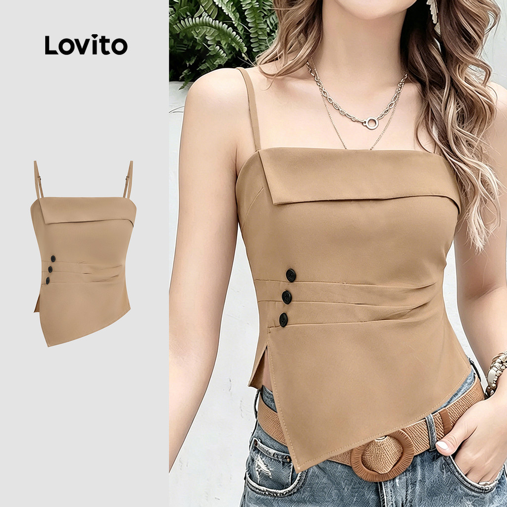 Lovito เสื้อลําลองผู้หญิงฤดูใบไม้ผลิ/ฤดูร้อนลําลองด้านบนปุ่มไม่สมมาตรสีคากิ LK4ED1653