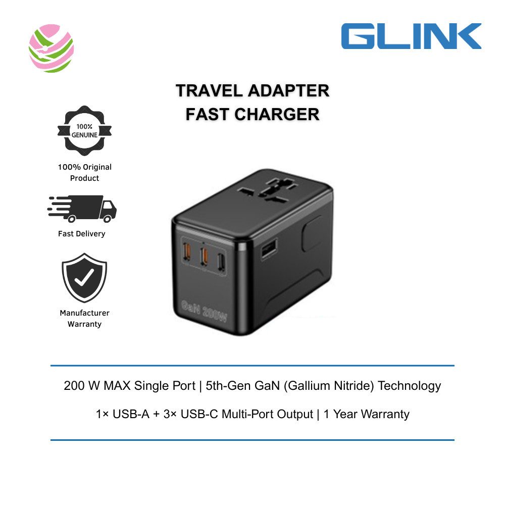 GLINK(PD 200W)-TRAVEL ADAPTER FAST CHARGER(PD 200W) พร้อม 1*USB+3 TYPE-C - CC289-BK