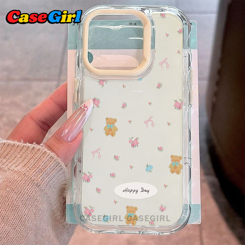 เคส TPU คุณภาพดียืดหยุ่น ขอบลอน กันกระแทก ลายหมีดอกไม้โบว์ สำหรับ iPhone 15 13 11 17 16 12 14 Pro Max 15 14 16 Plus