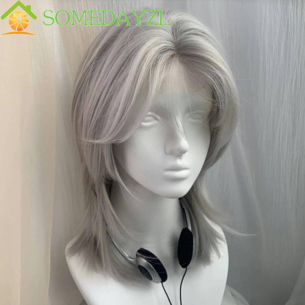 SOMEDAYZL Mullet หัววิกผม Bangs, หน้าผากลูกไม้ปุยวิกผมสังเคราะห์, Full Head Wolf Tail สั้นตรง Layered อะนิเมะผู้ชายวิกผม