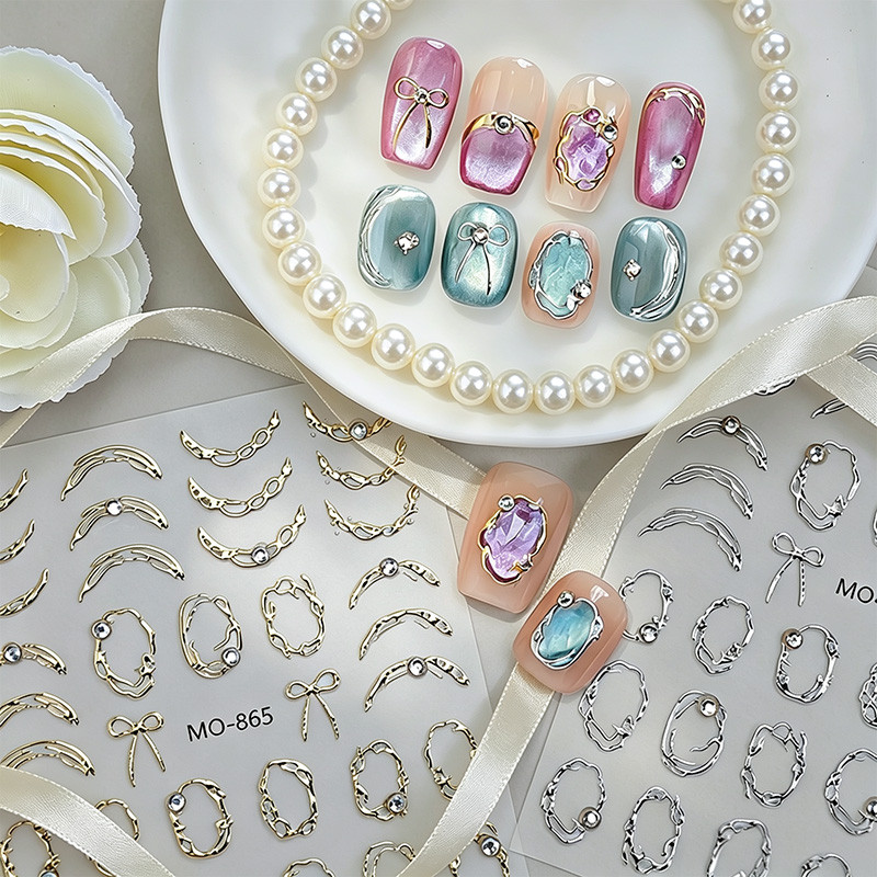Gold Sliver ฟอยล์คริสตัล Rhinestone กรอบสติกเกอร์เล็บ 3D เงาขอบอัญมณีกาวเล็บสติกเกอร์ DIY ตกแต่งเล็บ