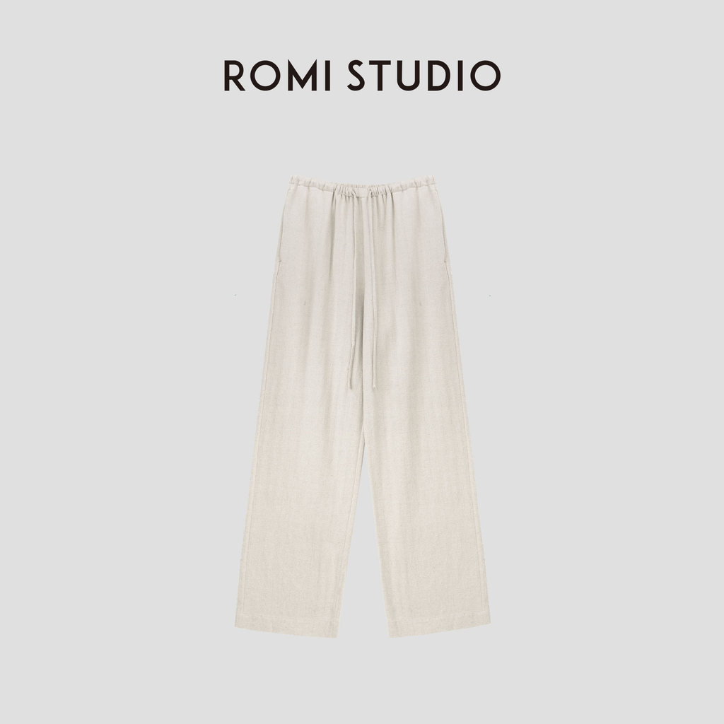 ROMI STUDIO Oriental Zen ผ้าฝ้ายผ้าลินินหมักล้าง Texture Drawstring กางเกง 24SSK110