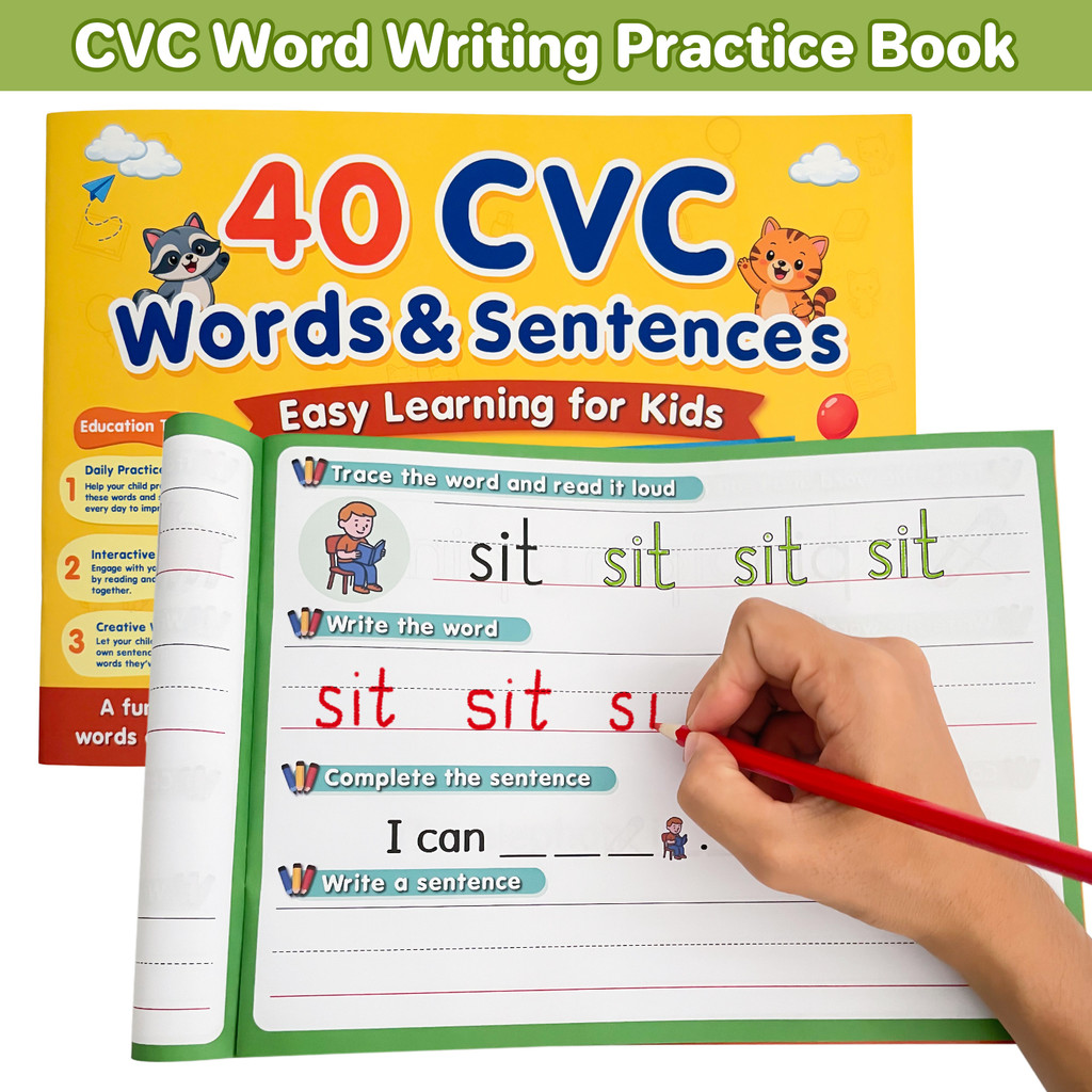 หนังสือสมุดงานภาษาอังกฤษ Phonics CVC Words & Senences สําหรับเด็กก่อนวัยเรียนการศึกษาในช่วงต้นหนังสื