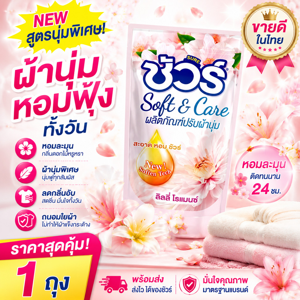 SURE น้ำยาปรับผ้านุ่ม ผลิตภัณฑ์ปรับผ้านุ่ม สีแดง 500ml ต้านเชื้อแบคทีเรีย อย่าทำร้ายมือ ป้องกันไฟฟ้าสถิตย์ การป้องกันสี