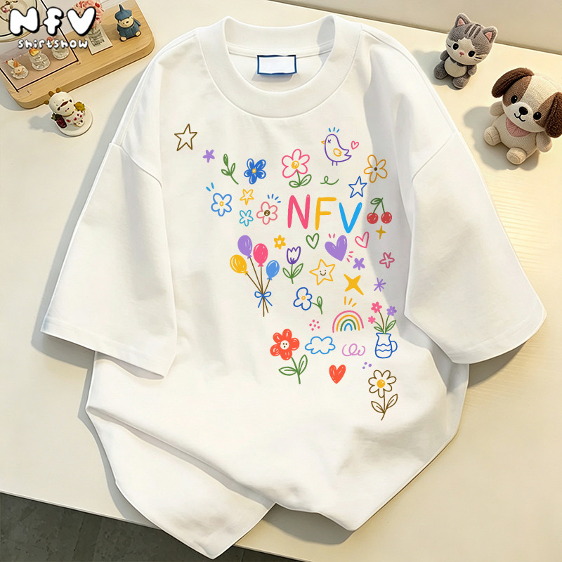 NFV เสื้อยืดแขนสั้นคอกลม🎀สไตล์เกาหลี ทรงหลวม อ่อนนุ่ม ระบายอากาศ ลายสไตล์น่ารัก ฤดูร้อน ผ้าฝ้าย100% YG26