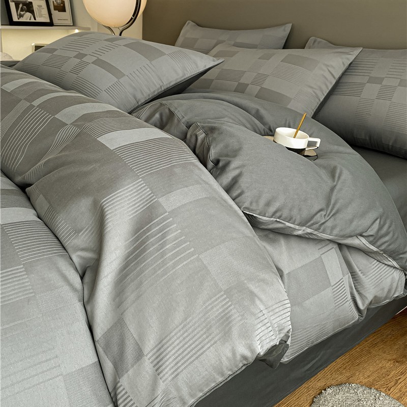 Light luxury satin jacquard bedding set, all-cotton, simple striped duvet cover, gray hotel and home